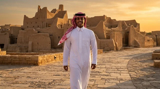 Saudi Man at Diriyah At-Turaif Heritage Site at Sunset