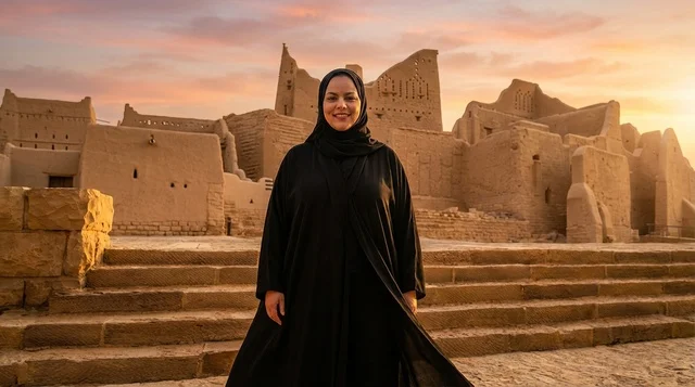 Saudi Woman at At-Turaif Diriyah During Sunset