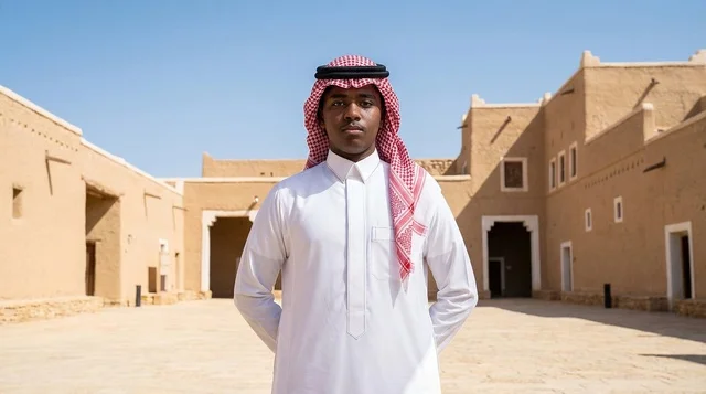 Saudi Man in Traditional Attire at Historical Site