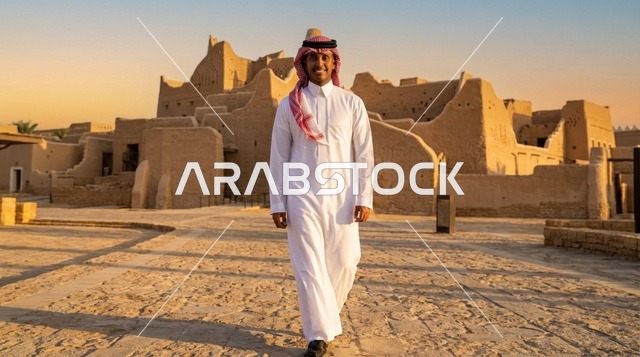 رجل سعودي في حي الطريف التاريخي بالدرعية وقت الغروب