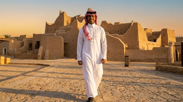 رجل سعودي في حي الطريف التاريخي بالدرعية وقت الغروب