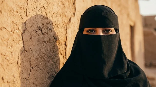 Saudi Woman in Black Niqab by Heritage Mud Wall