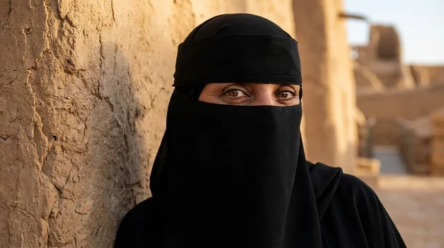امرأة سعودية بالنقاب التقليدي في قرية تراثية