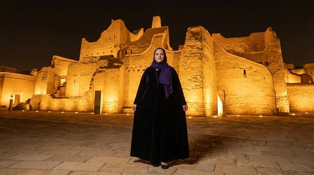 امرأة سعودية في حي الطريف التاريخي بالدرعية ليلاً