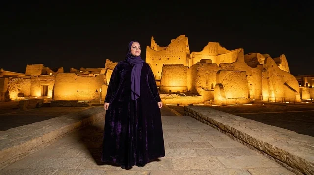 Saudi Woman in Abaya at At-Turaif Diriyah at Night