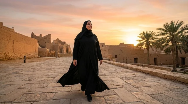 امرأة سعودية بالعباءة في حي الطريف بالدرعية وقت الغروب