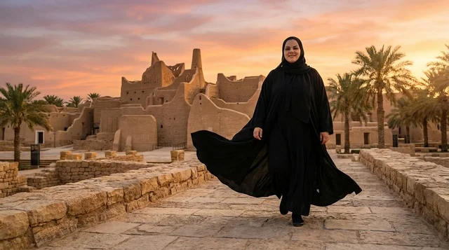 امرأة سعودية بالعباءة في حي الطريف بالدرعية وقت الغروب
