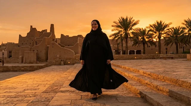 A Saudi woman in an abaya in the Al-Turaif neighborhood in Diriyah at sunset.