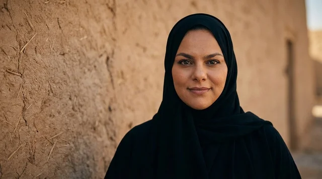 امرأة عربية بالحجاب الأسود أمام جدار طيني تقليدي