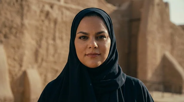 Saudi Woman in Traditional Abaya at Historic Site