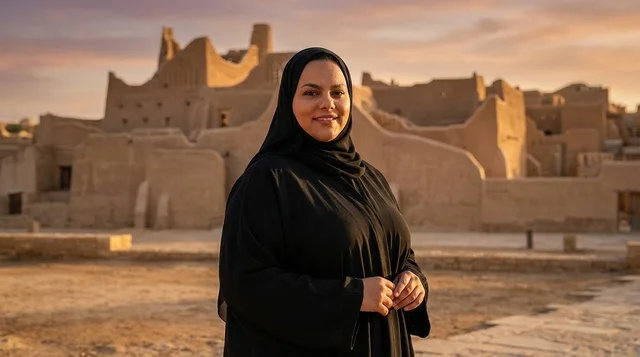 امرأة سعودية أمام المباني الطينية التاريخية وقت الغروب