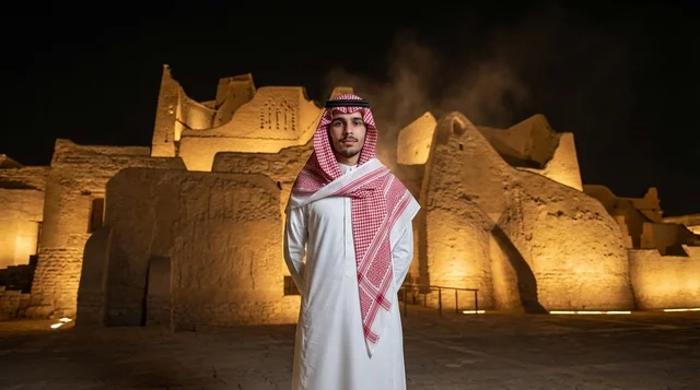 رجل سعودي في حي الطريف بالدرعية ليلاً