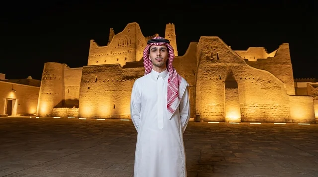 Saudi Man at At-Turaif Diriyah Heritage Site at Night