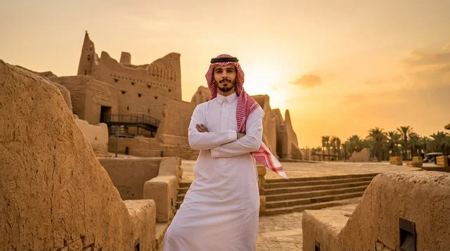 رجل سعودي في الدرعية التاريخية وقت الغروب