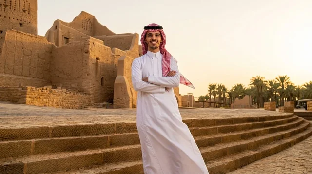 رجل سعودي في حي الطريف التراثي بالدرعية وقت الغروب
