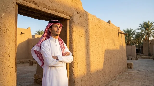 رجل سعودي باللباس التقليدي في قرية تراثية