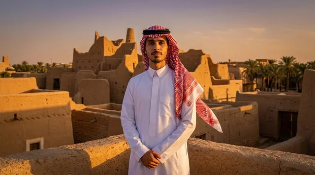 رجل سعودي بالزي التقليدي في موقع تراثي تاريخي