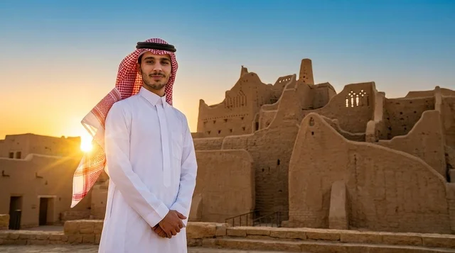 رجل سعودي في حي الطريف التاريخي بالدرعية وقت الغروب