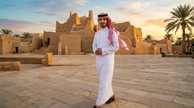 رجل سعودي في حي الطريف التاريخي بالدرعية وقت الغروب