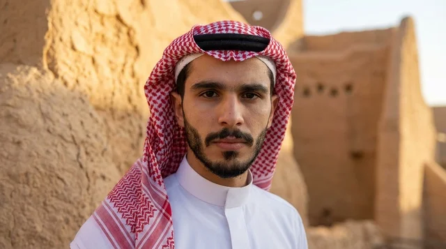 Saudi Man in Traditional Thobe at Heritage Site