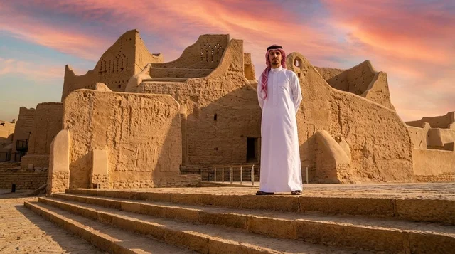 Saudi Man at Salwa Palace Diriyah During Sunset