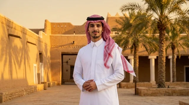 شاب سعودي بالزي التقليدي في قرية تراثية
