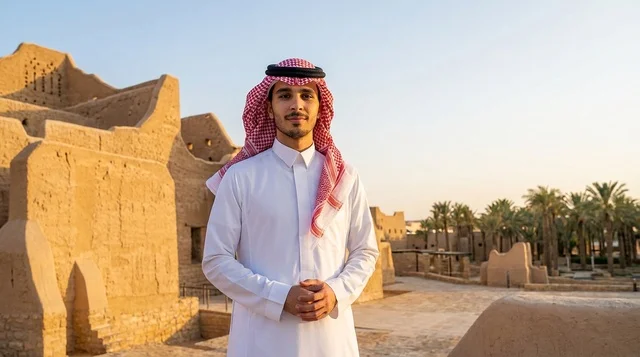 Saudi Man at Historical Heritage Site Golden Hour