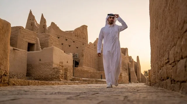 Saudi Man at Al-Turaif Diriyah Historical Site at Sunset