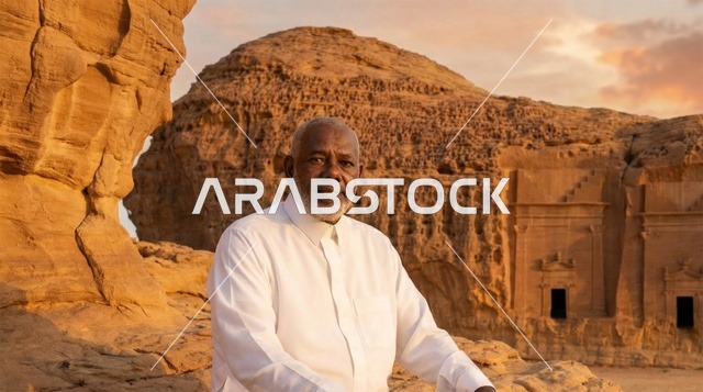 رجل سعودي في موقع العلا الأثري وقت الغروب