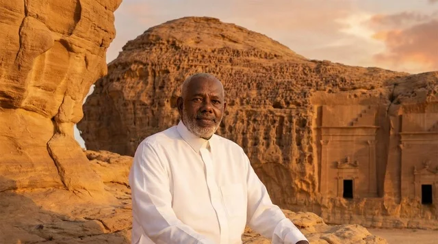رجل سعودي في موقع العلا الأثري وقت الغروب