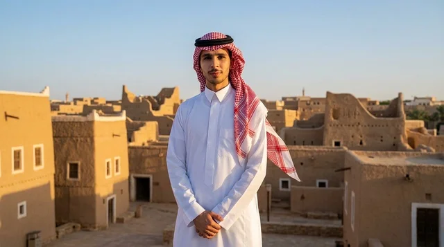 Saudi Man in Traditional Attire at Historic Village