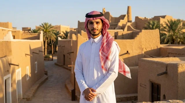 رجل سعودي بالزي التقليدي في حي الطريف التاريخي بالدرعية
