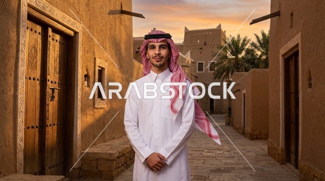رجل سعودي بالزي التقليدي في قرية تراثية