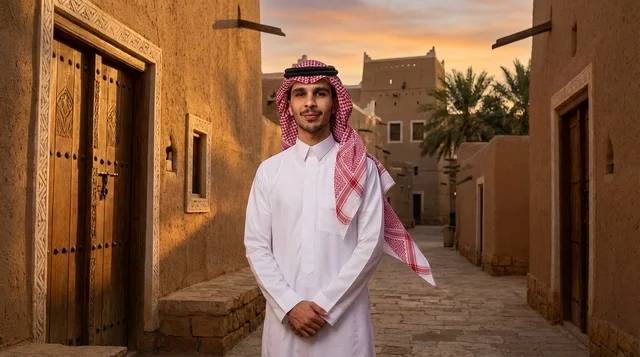 رجل سعودي بالزي التقليدي في قرية تراثية