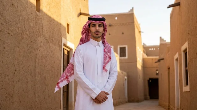 رجل سعودي بالزي التقليدي في قرية تراثية
