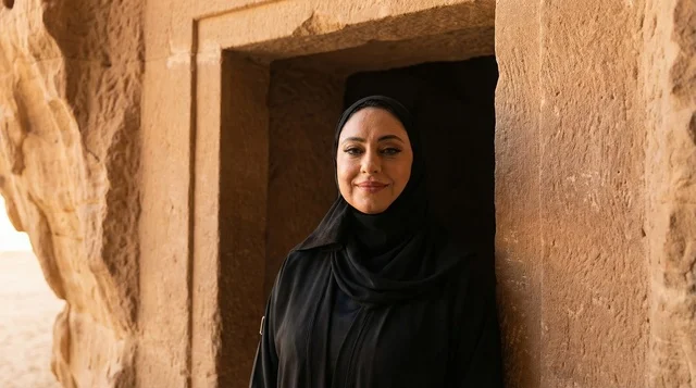 Saudi Woman in Abaya at Al-Ula Ancient Monument