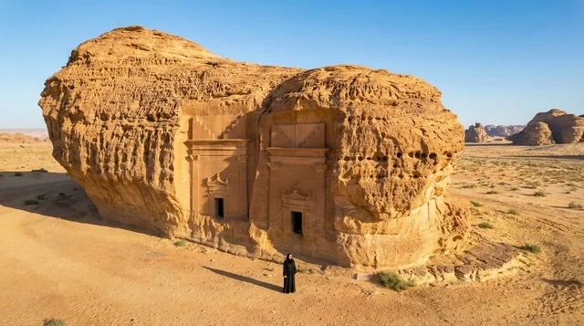 امرأة سعودية في منطقة الحجر بالعلا المقابر النبطية