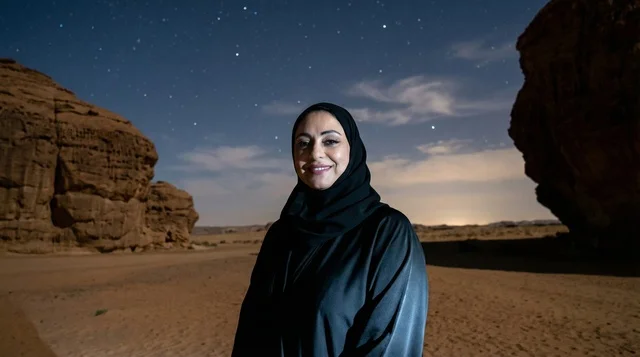 امرأة سعودية في مقابر الحجر بالعلا وقت الغروب