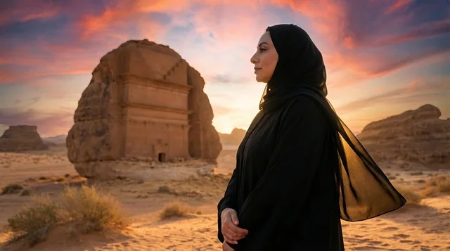 Saudi Woman at Hegra AlUla Tombs Sunset