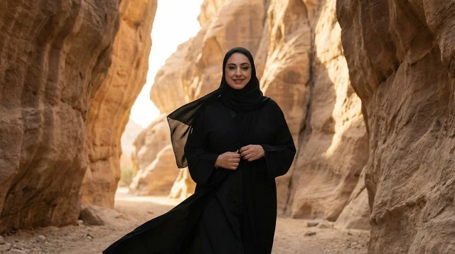 امرأة سعودية بالعباءة السوداء في أخدود صخري صحراوي امرأة سعودية بالعباءة السوداء في أخدود صخري صحراوي