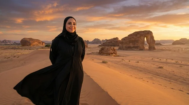 Saudi Woman at Elephant Rock AlUla Desert during Sunset