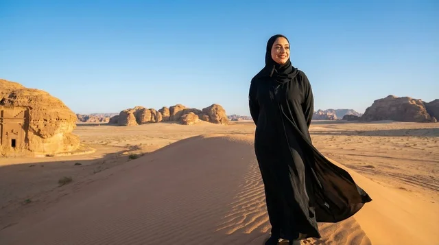Saudi Woman in Abaya at Al-Ula Desert Sunset