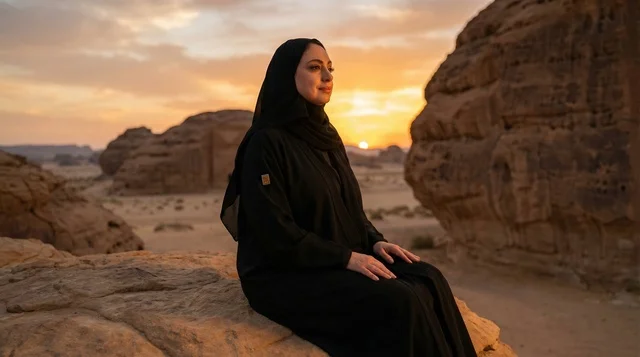 امرأة سعودية بالعباءة في صحراء العلا وقت الغروب