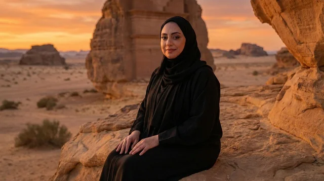 Saudi Woman Wearing Abaya at Hegra AlUla Desert Sunset