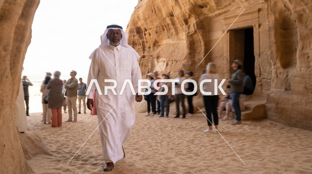 رجل سعودي يسير في موقع الحجر الأثري بمدينة العلا