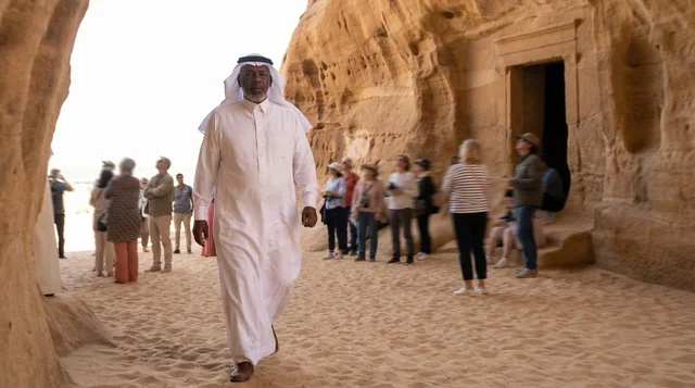 Saudi Man Walking at Hegra AlUla Archaeological Site