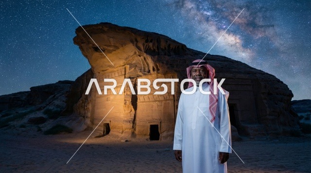 Elderly Saudi Man at Hegra Under Milky Way Night Sky