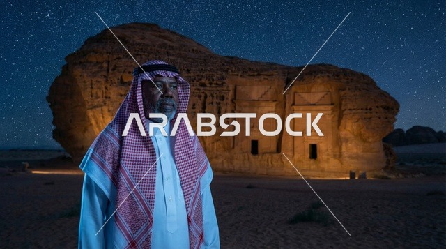 رجل سعودي في منطقة الحجر بالعلا تحت النجوم