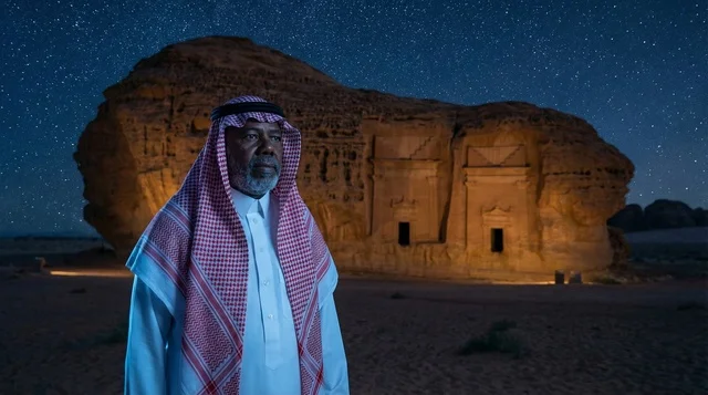 رجل سعودي في منطقة الحجر بالعلا تحت النجوم