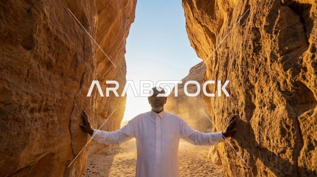 A Saudi man walking at the archaeological site of Al-Hijr in the city of Al-Ula.